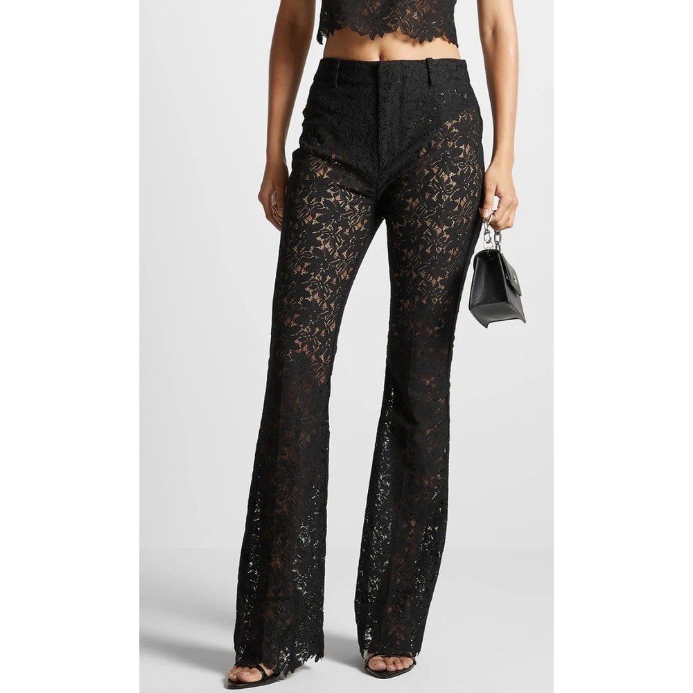 Maniere De Voir Womens Black Sheer Floral Lace High Waisted Flare Leg Pants